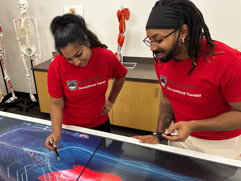 Two faculty members looking at electronic cadaver